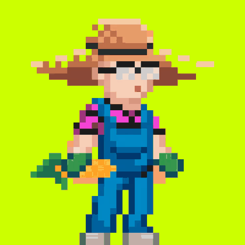 A pixel farmer in a straw hat holding corn